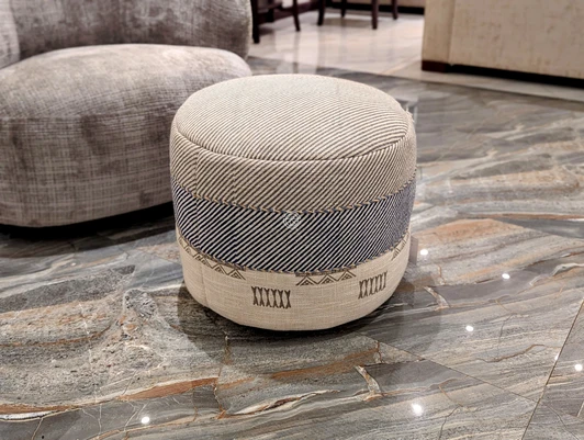 Textured ECRU-Blue Pouffe (45x45x35 CM)