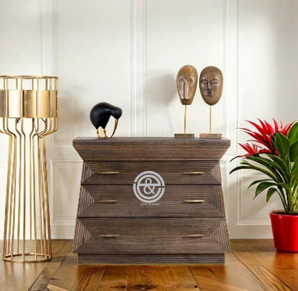 Tall three-drawer wooden cabinet with handle pulls.