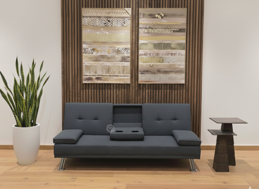 Canberra fabric sofa bed in Grey finish with fold-out sleeping function and center drop-down table with cup holders.