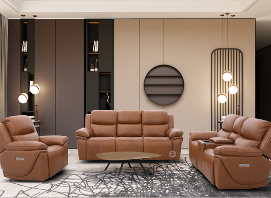 Aurora 7 Seater Zero Gravity Triple Power Recliner With Drop-down Table in Light Brown Leather (F233)