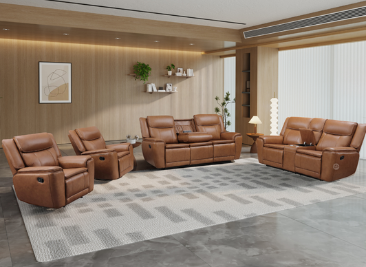 Novara 7 Seater Recliner With Drop-Down Table In Brown Leather 