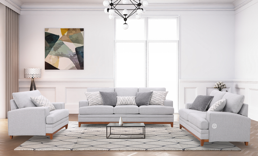 Light grey Carter six seater fabric sofa with wide seating, wooden frame and plush back cushions.