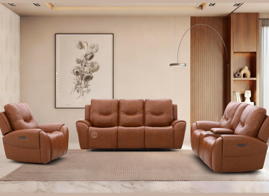 Athena 7 Seater Dual Power Recliner in Light Brown Leather