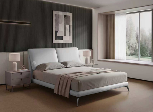 Arianna King Size Bed In Light Grey Leather