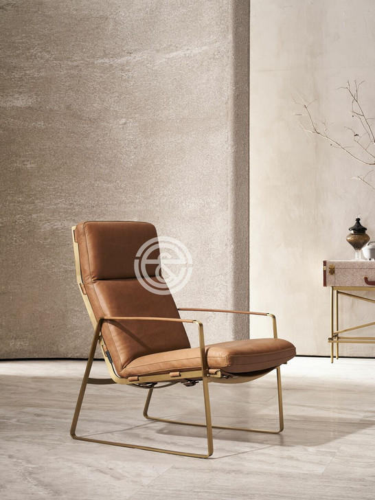 Karel Armchair in Mulburry Brown Leather & Brushed Gold SS Frame