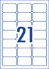 Label layout diagram showing 21 rectangular labels per A4 sheet for 63.5 x 38.1mm size
