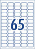 Label layout diagram showing 65 small rectangular labels per A4 sheet for 38.1 x 21.2mm size