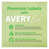 Premium labels with AveryEco information panel showing recycled facestock and recycled packaging features