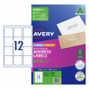 Avery 959005 premium address labels with AveryEco pack shot showing 12 labels per sheet 63.5 x 72mm pack of 100