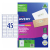 Avery 959061 premium address labels with AveryEco pack shot showing 45 labels per sheet 58 x 17.8mm pack of 100