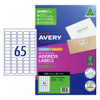 Avery 936099 premium address labels with AveryEco pack shot showing 65 labels per sheet 38.1 x 21.2mm pack of 50