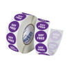 Roll of Avery Soy Free allergy labels, 24mm purple round stickers for safe food labelling.