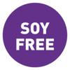 Close-up of Avery allergy label reading “SOY FREE” in white on purple circle.