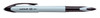 Uni-ball Air Micro pen in ice blue pastel barrel with black clip, uncapped to reveal writing tip Uni-ball Air Micro pen in ice blue pastel barrel with black clip, uncapped to reveal writing tip