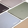 Diagonal layout of Breyta Desk Mats in sand, sage, marine and grey tones.
