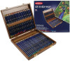 Derwent Inktense 48 pencil walnut box set shown open beside retail box with peacock artwork