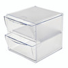 Clear stackable cube organiser with two pull-out drawers, shown empty to highlight the transparent storage design.