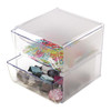 Clear two-drawer cube organiser filled with assorted stationery and small supplies, showing practical desktop storage in use.