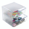 Angled view of the clear two-drawer cube organiser partially filled with office and craft items, demonstrating visible and accessible storage.