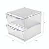 Clear stackable two-drawer cube with dimensions shown, illustrating its compact size for desks, shelves, or cabinets.