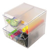 Clear four-drawer cube organiser filled with stationery and desk supplies, demonstrating compact storage for small everyday items.