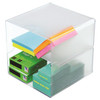 Clear divided cube organiser holding sticky notes and small boxed supplies, showing easy-access desktop storage in use.