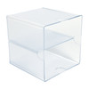 Angled view of the empty clear organiser with built-in divider, showing separated storage compartments.