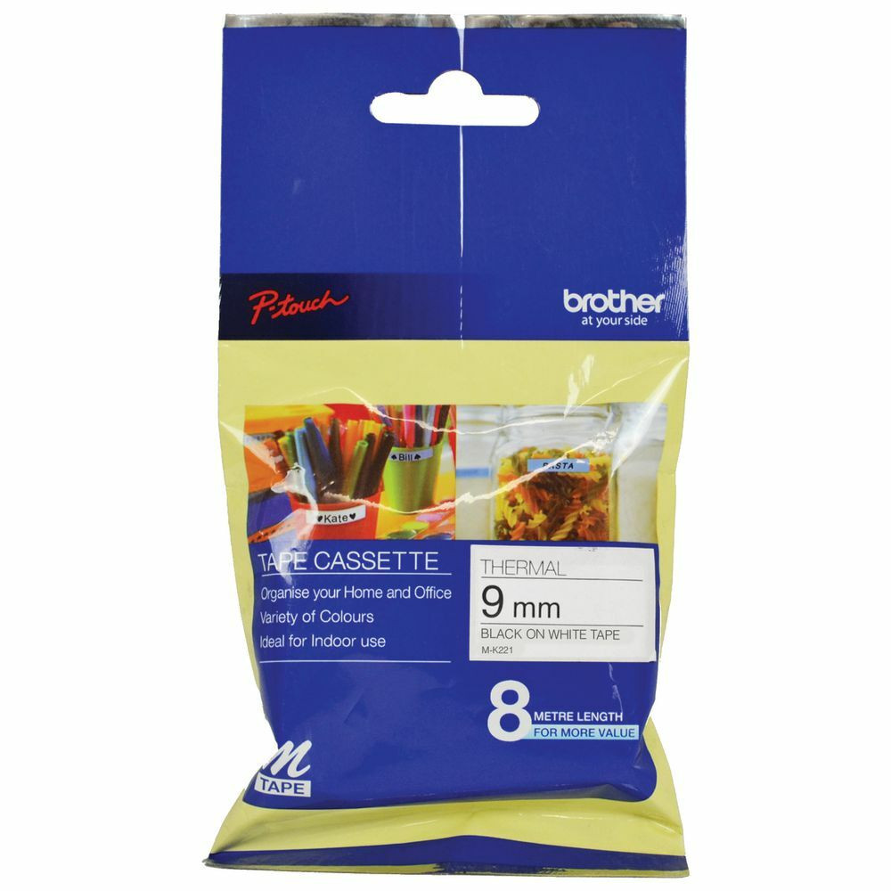Brother MK221 9mm x 8m Cassette Thermal Tape, Black on White Mega