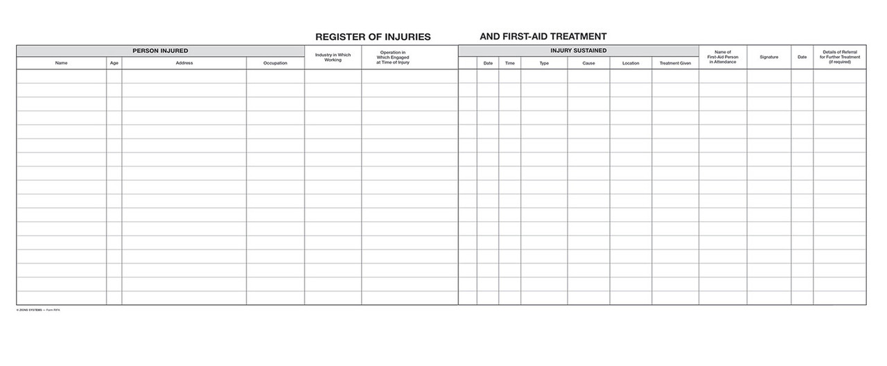 Zions RIFA Register of Injuries and First Aid Treatment Book
