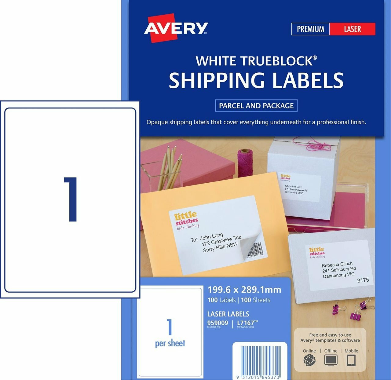 AVERY 959009 L7167 LASER TRUEBLOCK SHIPPING LABELS 199.6X289.1MM 100/PK |  1UP