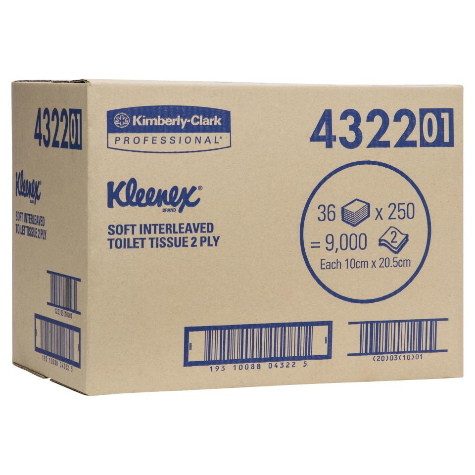 Kleenex 4322 Soft Interleaved Toilet Tissue White 2 Ply 250 Sheets, Carton Of 36 Packs Mega