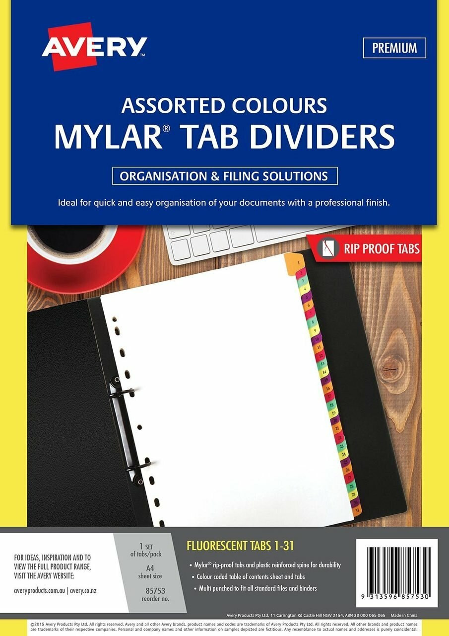 AVERY 85753 FLUORESCENT MYLAR TAB DIVIDERS, 1-31 INDEX