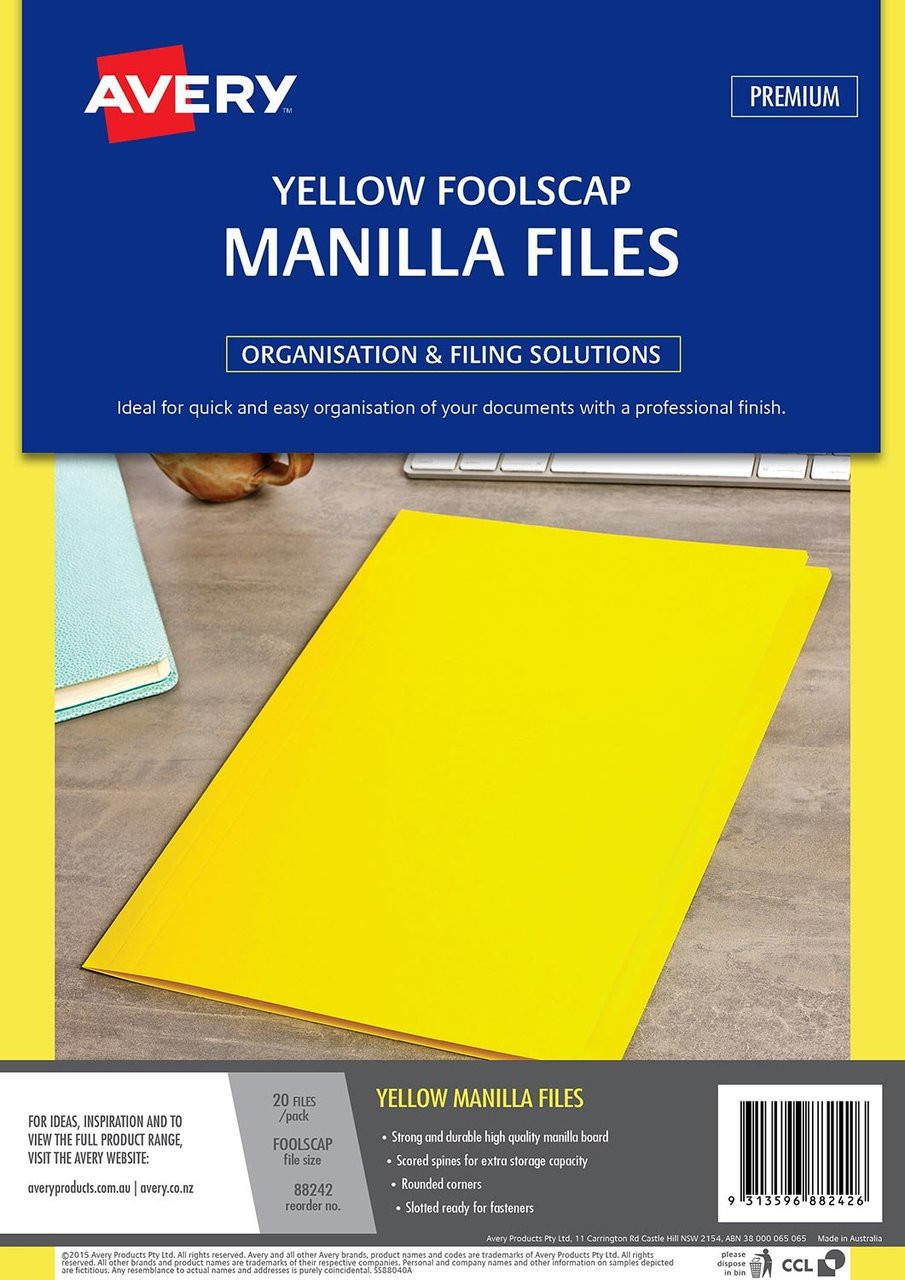 Avery 88242 Yellow Manilla Folders Foolscap (Pack 20) Mega Office