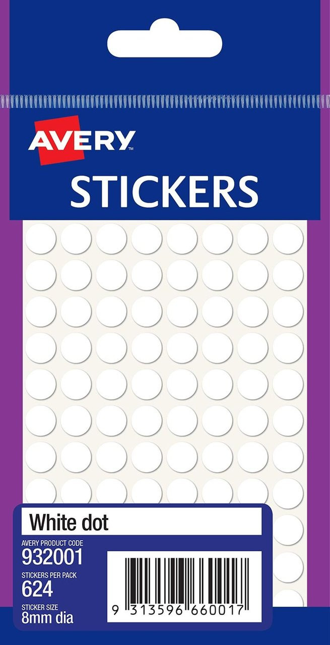 AVERY 932001 WHITE MULTI-PURPOSE STICKERS, CIRCLE 8 MM, 624/PACK