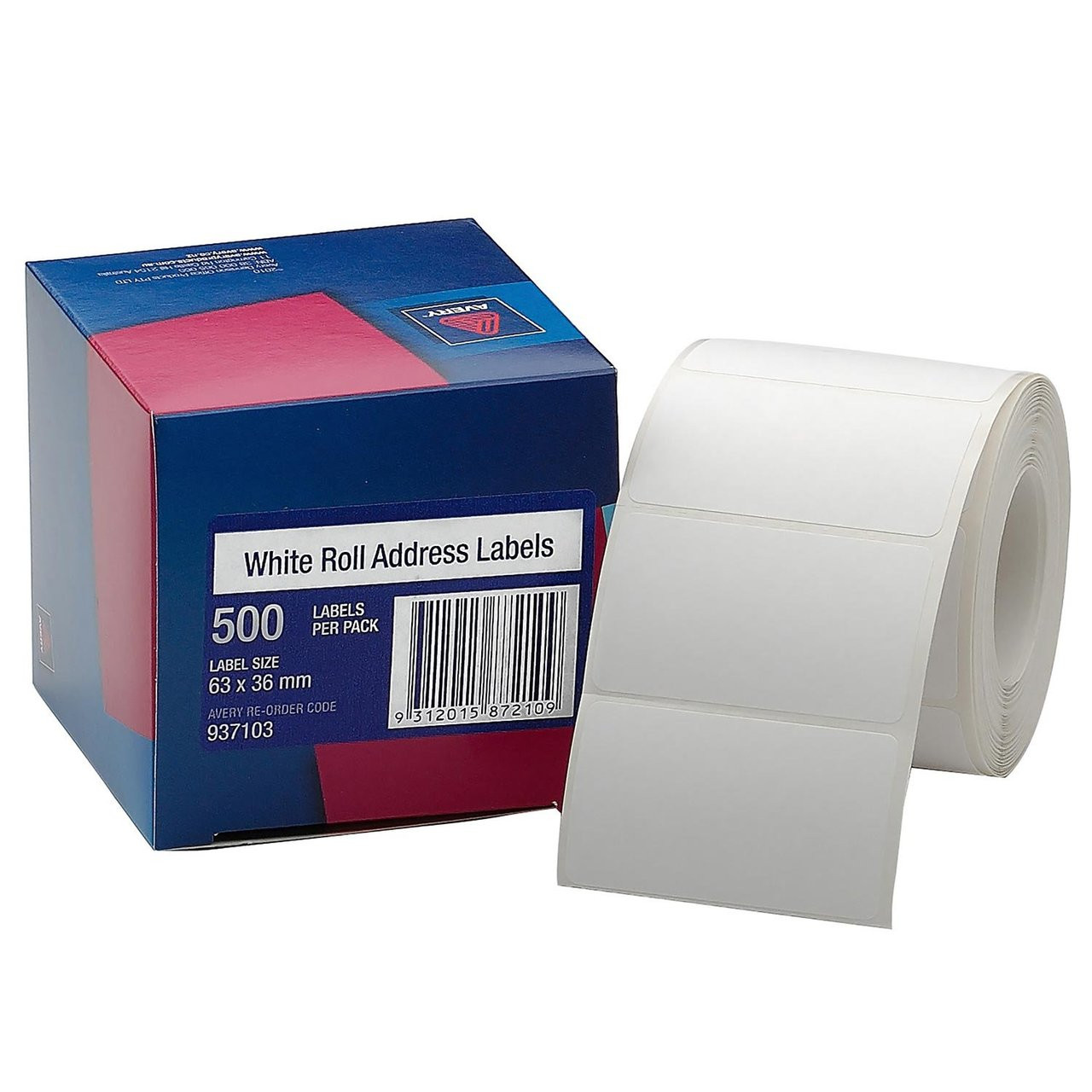 AVERY 937103 WHITE/ROLL ADDRESS LABELS, 63 X 36 MM, 500/ROLL