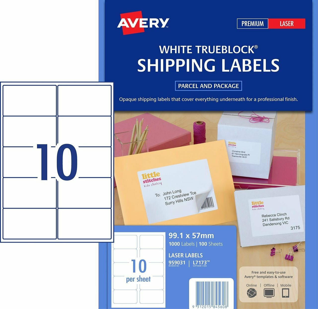 Avery 959031 L7173 Laser Trueblock Shipping Labels 99 1x57mm 100