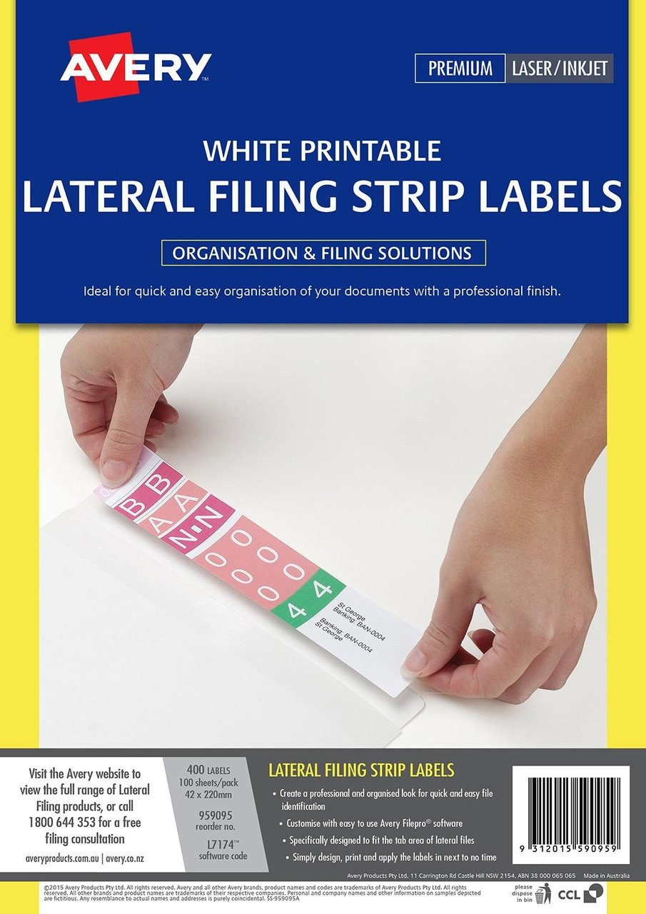 AVERY 959095 WHITE LATERAL FILING LASER AUTO LABELS, L7174, A4, 100 SHEETS,  400 LABELS, 42 X 200 MM