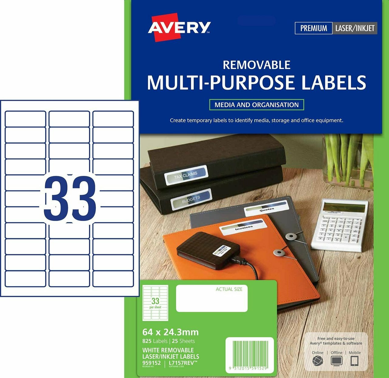 Avery #959152 Removable Multi-Purpose Labels 64x24.3mm, Laser ...