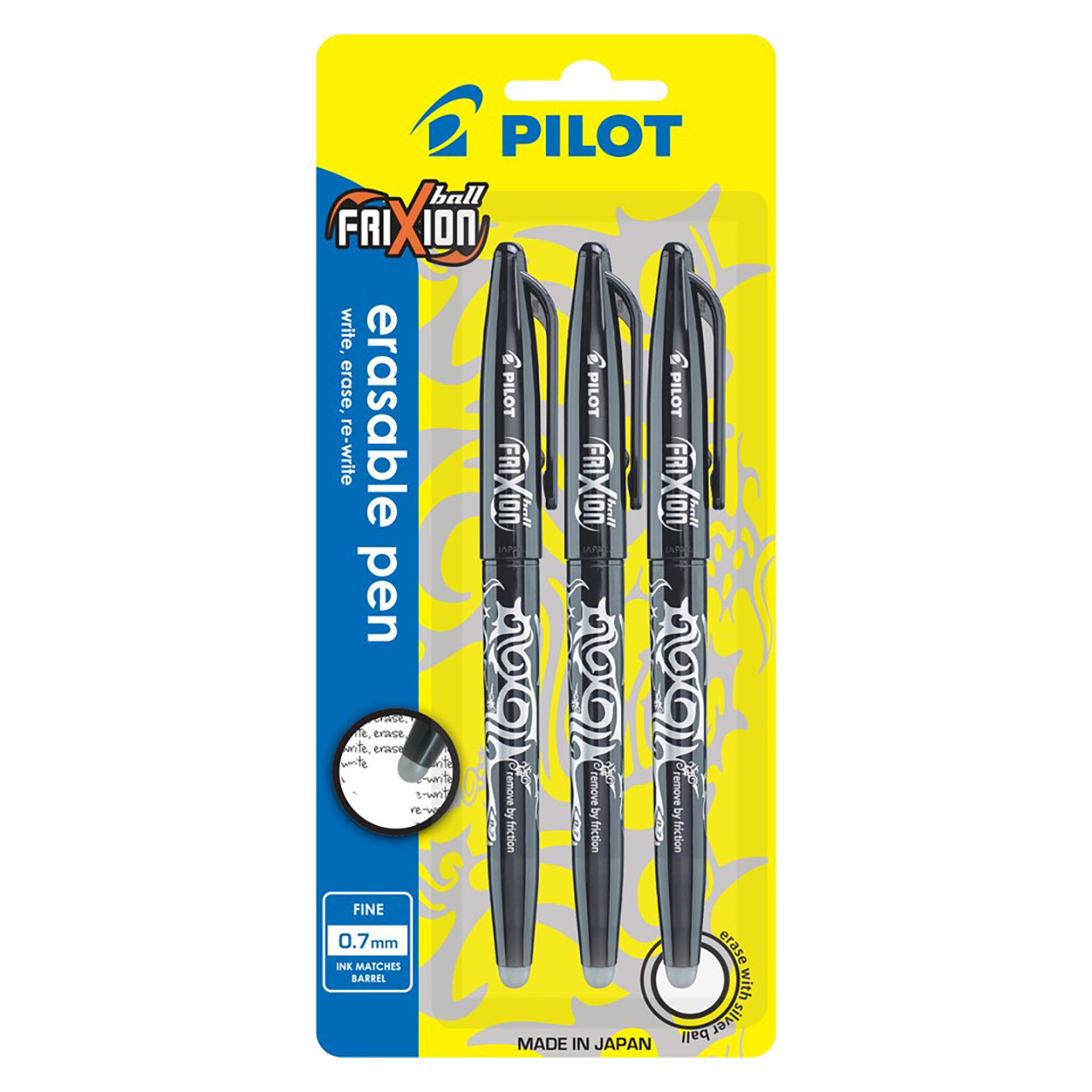 Pilot FriXion Ball 0.7mm Erasable Gel Pens Fine Point Black Ink Pack of 6