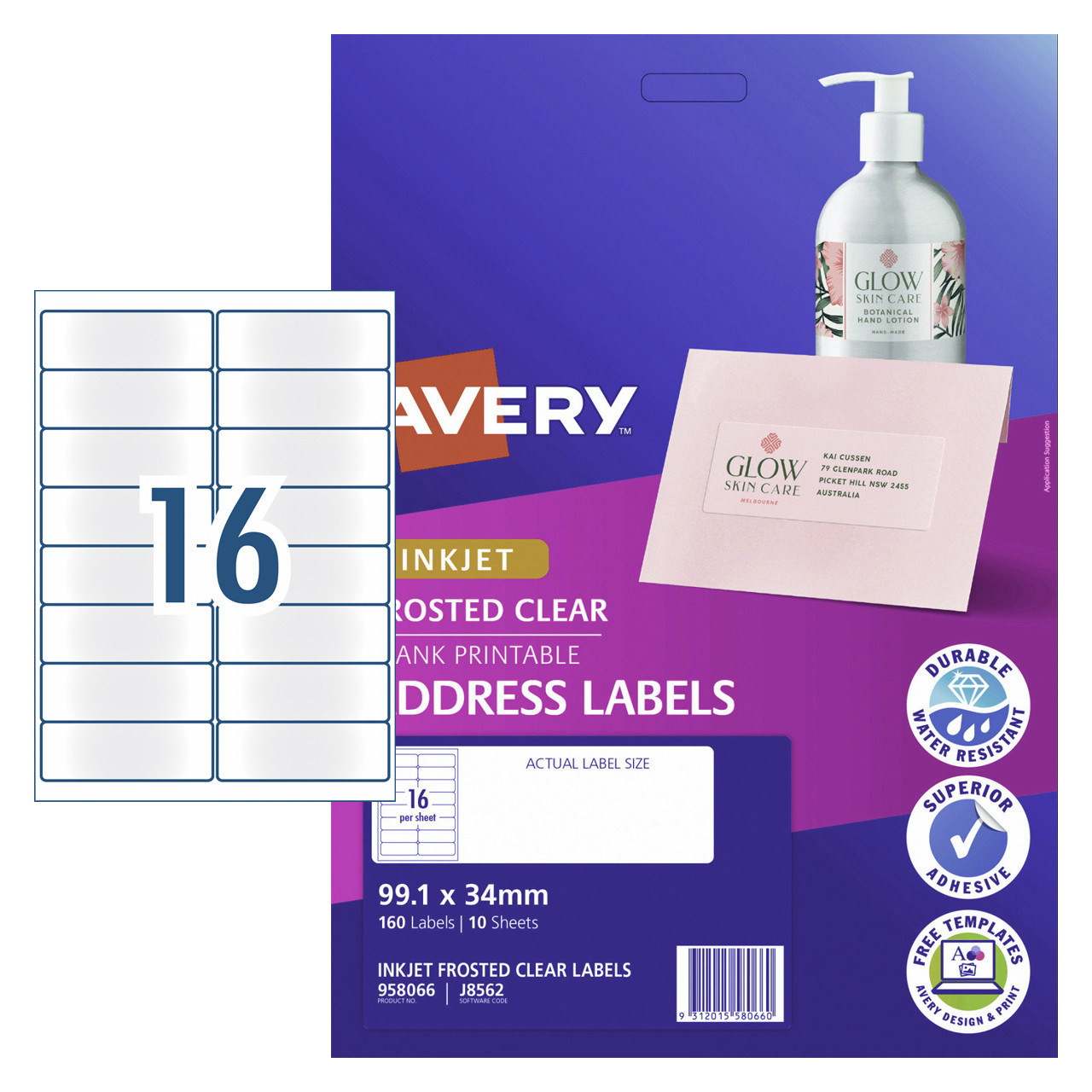 AVERY 958066 FROSTED CLEAR ADDRESS LABELS - J8562 - 10/PACK - 99.1X34 MM |  16UP