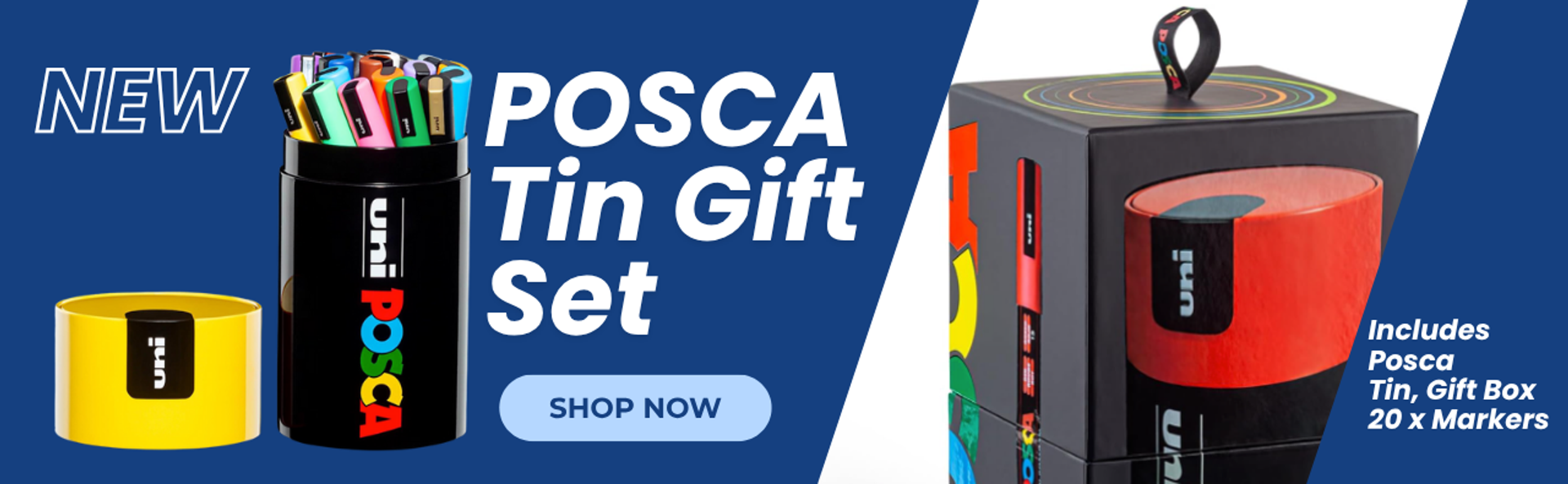 Mega Office Supplies banner promoting the new POSCA Tin Gift Set, featuring the black POSCA storage tin filled with colourful markers, the gift box packaging and text highlighting the included 20 POSCA markers.