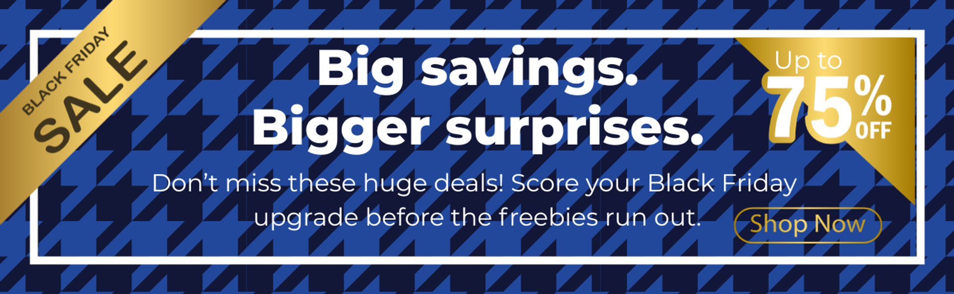 Mega Office Supplies Black Friday banner promoting up to 75% off workplace essentials, featuring stationery items including BIC Kids crayons, Crayola markers, Matt paper packs, first aid kits, archive boxes and Post-it notes on a blue houndstooth backgrou