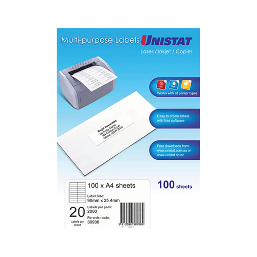 Unistat #38942 Multipurpose Label 99x34mm Pack 100 - 16Up ...