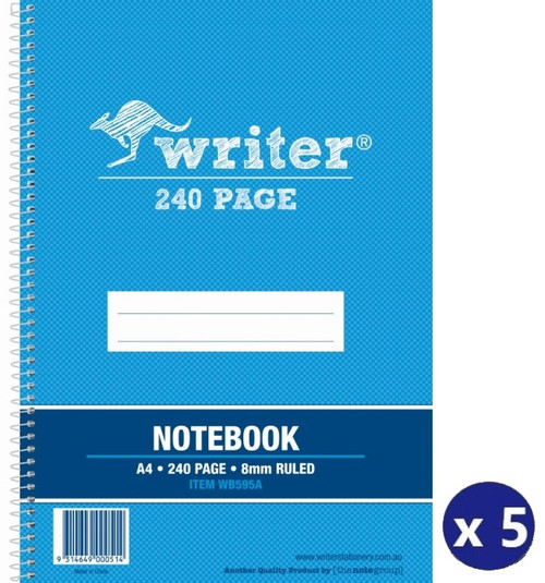 Writer WB595 A4 Notebook, 120 Pages, 8mm Ruled, Side Spiral - Pack