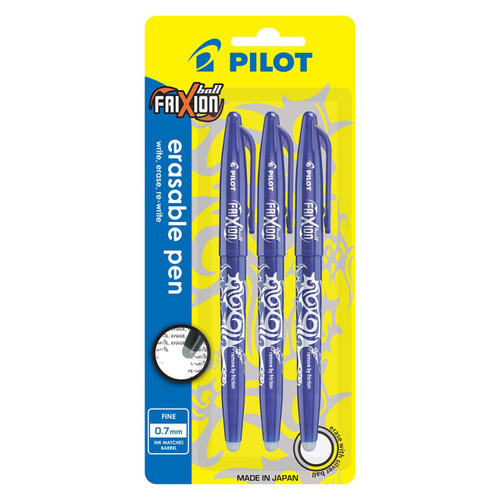 Pilot FriXion Heat/Friction Erasable Rollerball Pen FR7 - Medium 0.7mm - Wallet of 3 - Black, Blue, Red, Size: Standard