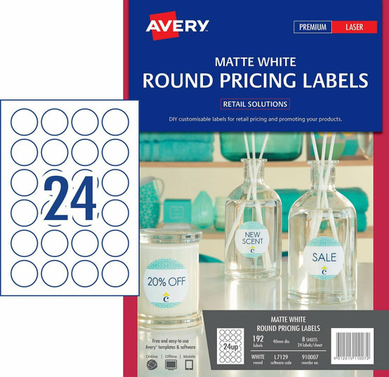 Avery #910007 Matte White Round Pricing Labels - L7129 - 192/Pack - 40mm Dia |24UP | It's A Mega ...
