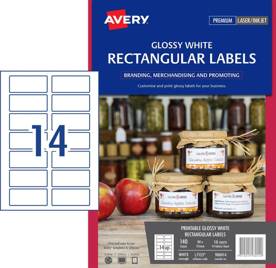 Avery #980014 Glossy White Rectangular Product Labels - L7123 - 140/Pack - 80 x 35 mm |14UP | It ...