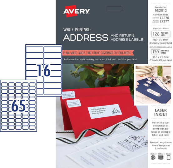 AVERY 982512 WHITE ADDRESS & RETURN ADDRESS KIT, L7276 L7277, 128+130/PACK, 99.1 X 34MM AND 38.1 X 21.2MM | 16+65 UP