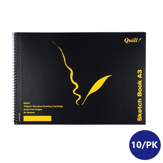 Quill 100851338 Sketch Book Pp Short Bound 110gsm A3 20 Sheets Black Q533 Box 10 Mega Thing Pty Ltd