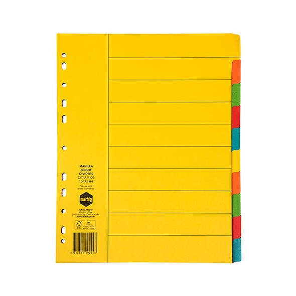 Marbig Indices and Dividers 10 Tab Manilla A4 Extra Wide Brights